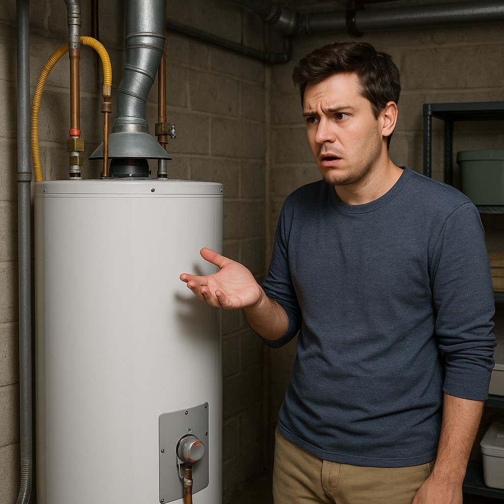 A person inspecting their gas water heater in a utility room.