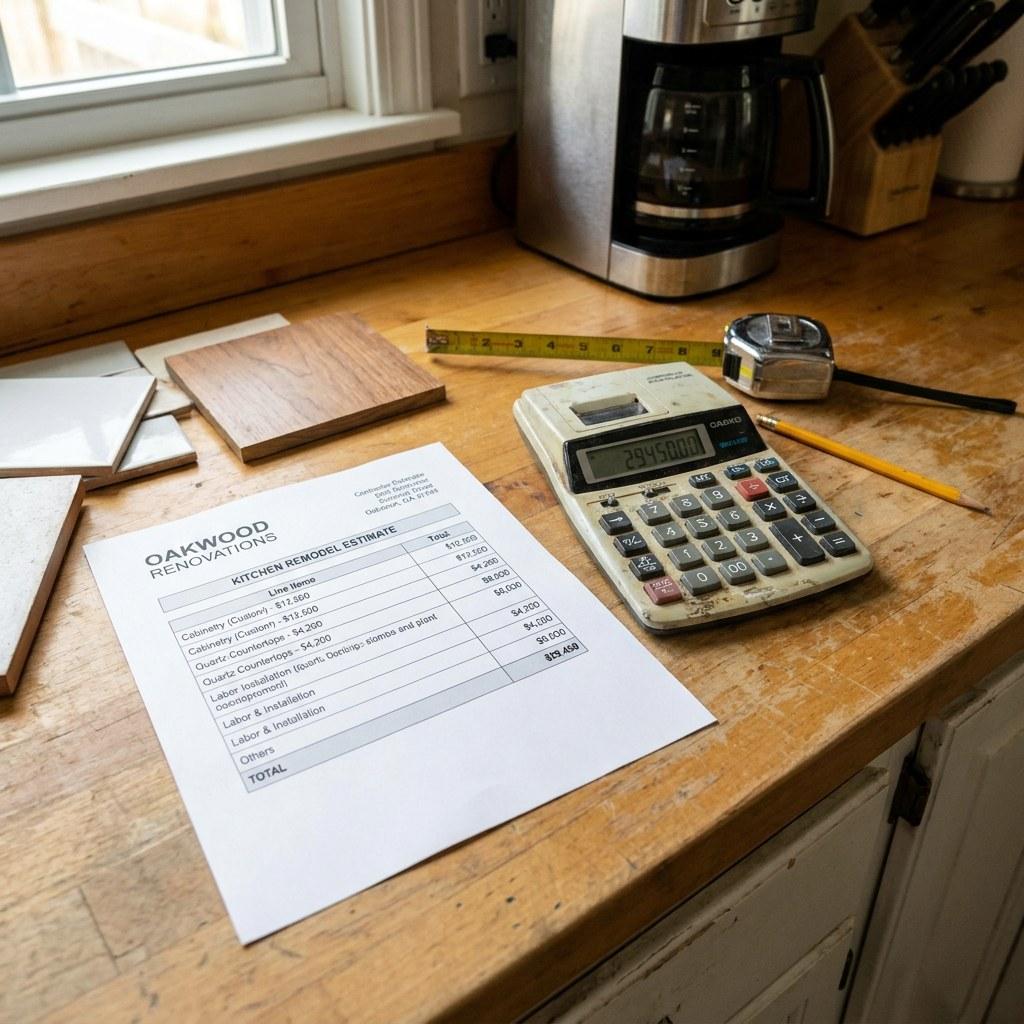 Contractor estimate papers and a calculator resting on a kitchen counter
