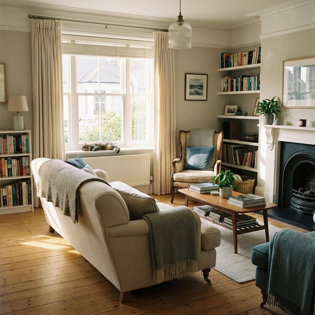 A calm and organized living room representing stress-free homeownership