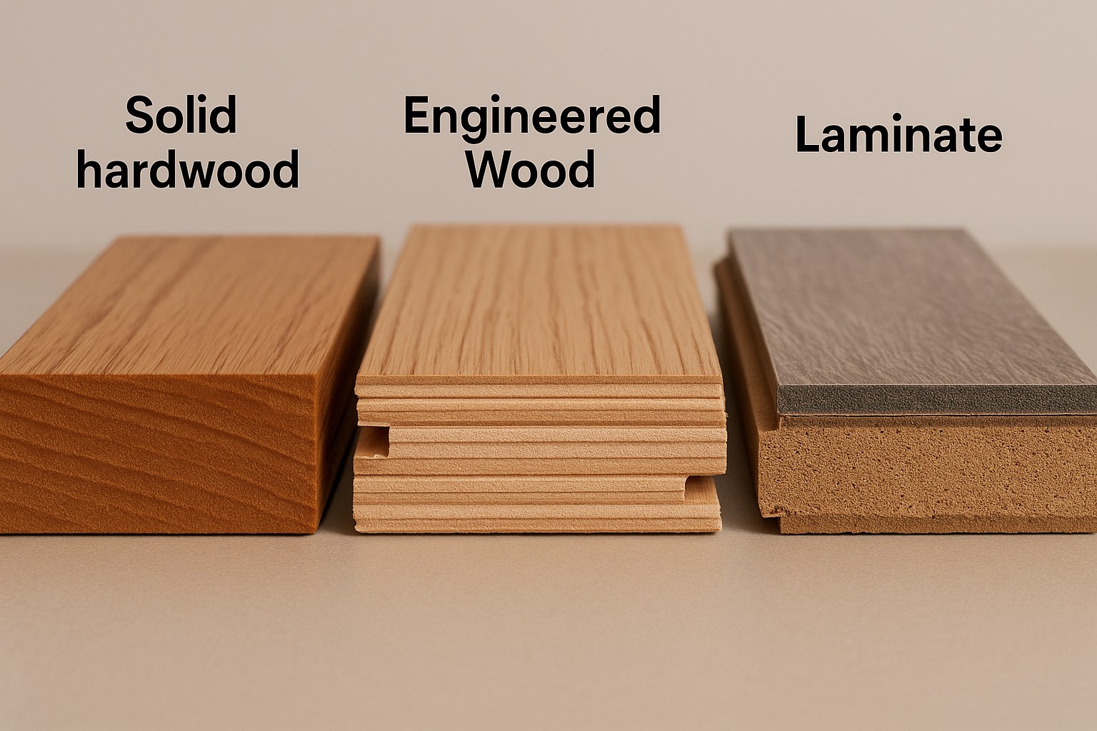 Comparison of solid hardwood, engineered wood, and laminate flooring types
