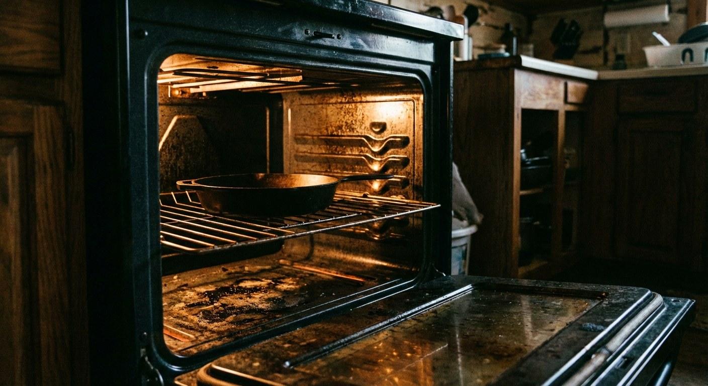 The dark interior of an oven with a light that is not working.