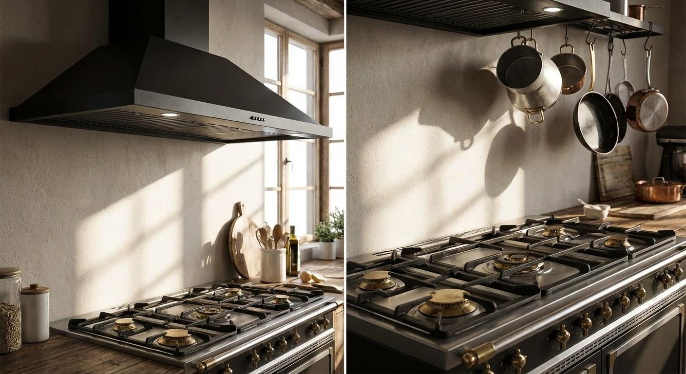 A kitchen stove with a range hood above it, where the light is noticeably off.