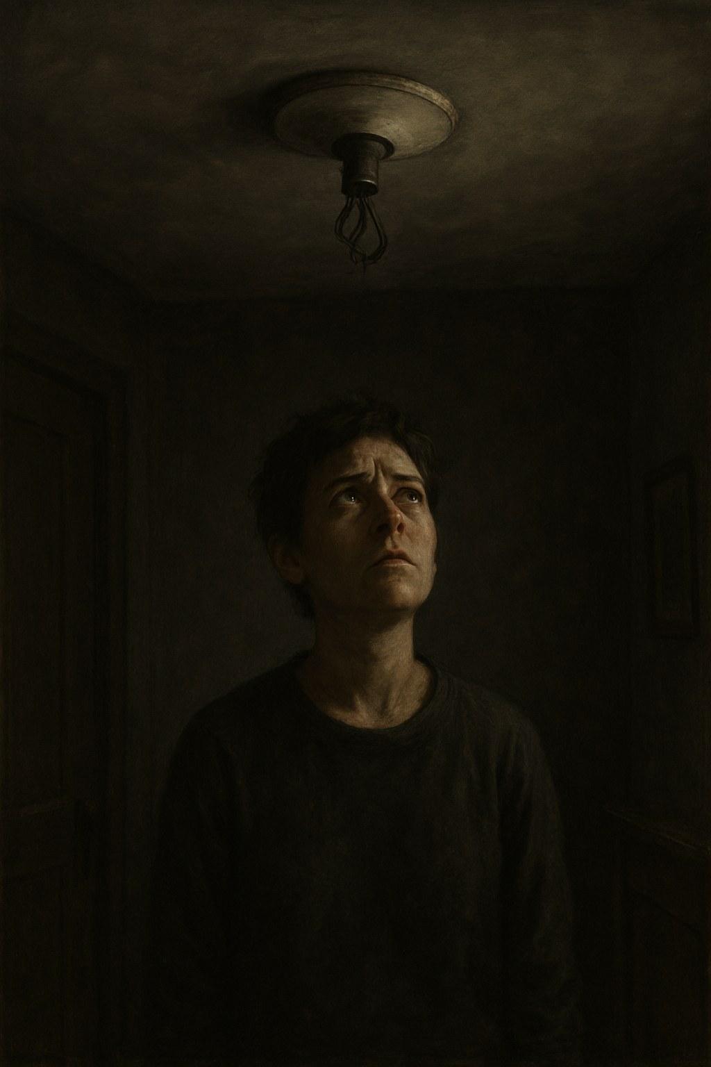 A person looking up at a ceiling light that is not working.