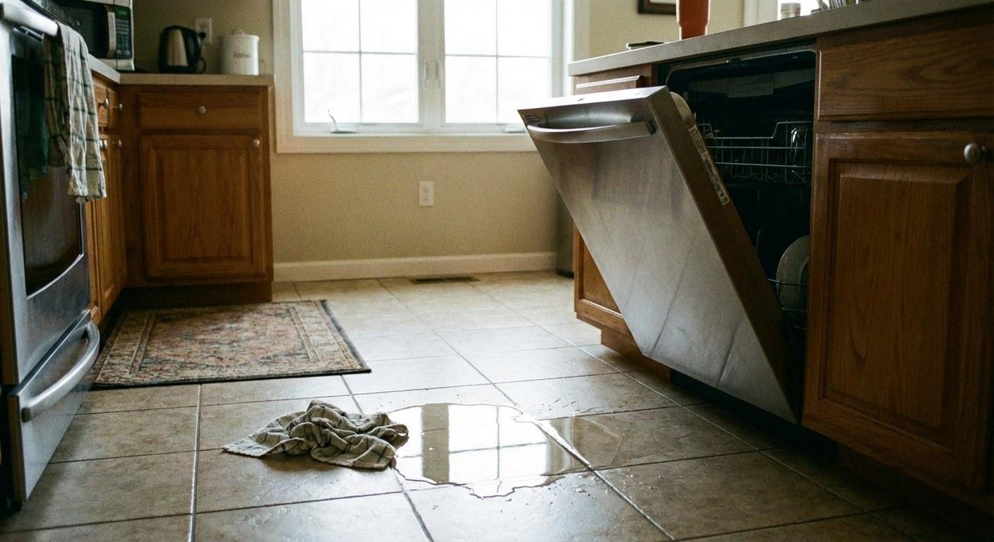 A modern dishwasher in a kitchen with a small puddle of water on the floor in front of it.