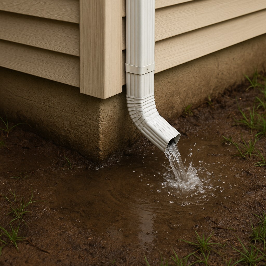 A gutter downspout causing a puddle of water to form next to a home's foundation