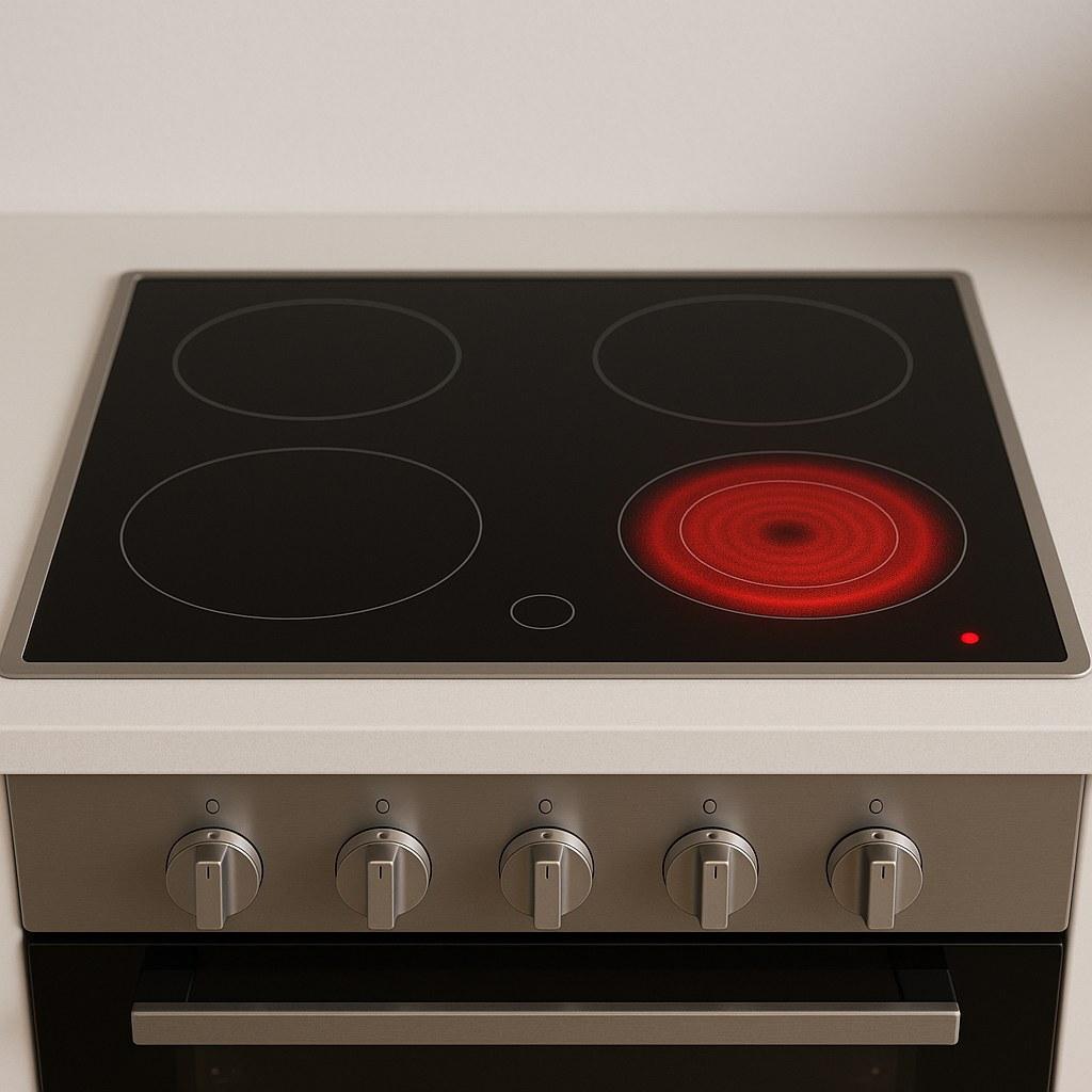 An electric stove cooktop with a burner indicator light that is stuck on