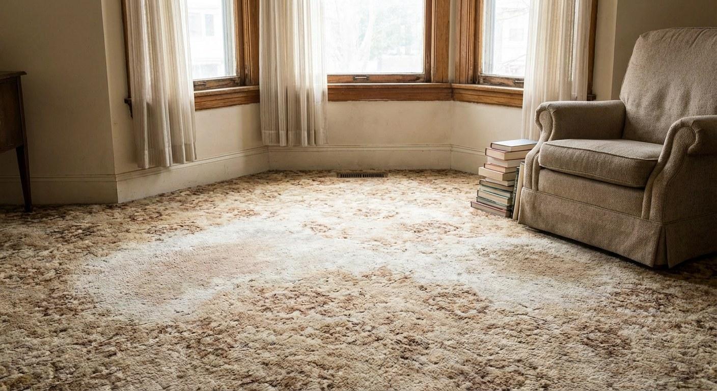 A patch of discolored and faded carpet in a living room, with sunlight coming through a nearby window.