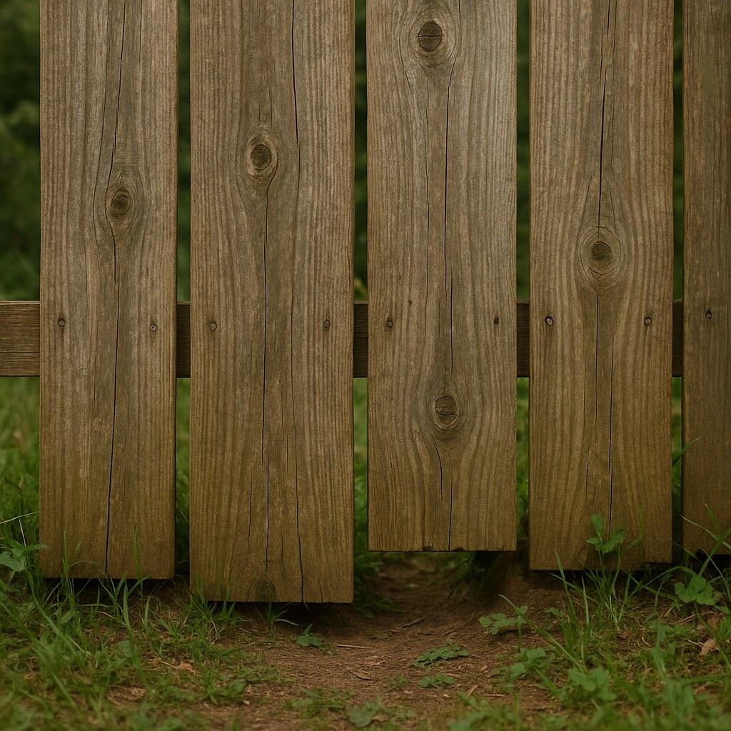 A wooden fence with a gap underneath it leading into a green yard.