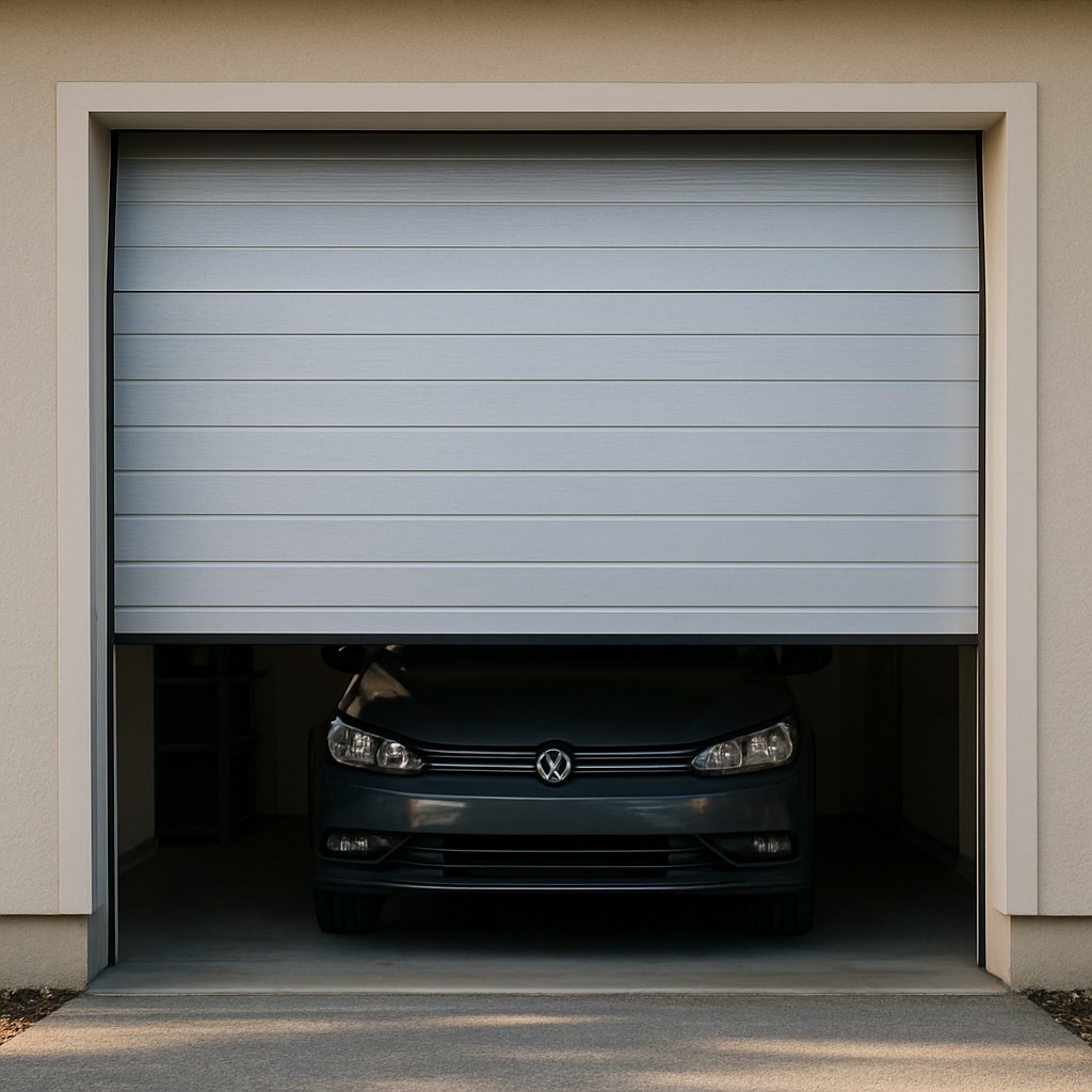 A garage door that has stopped halfway and won't close completely.