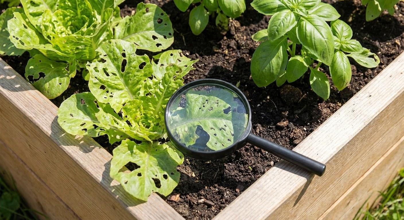 Close up of a vegetable plant with insect damage on the leaves