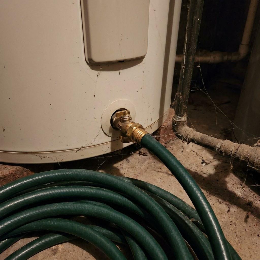 Garden hose attached to a water heater drain valve for routine flushing