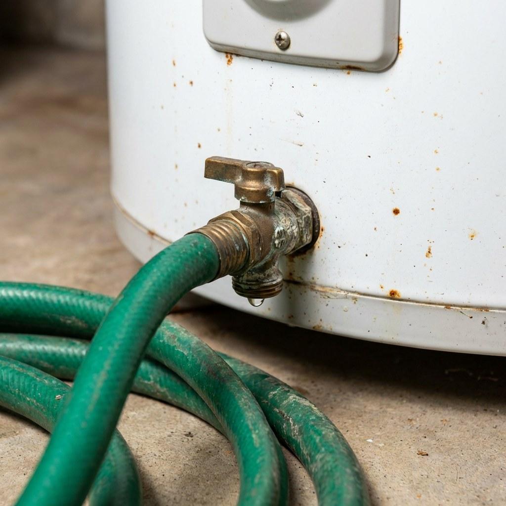 A garden hose connected to a water heater drain valve