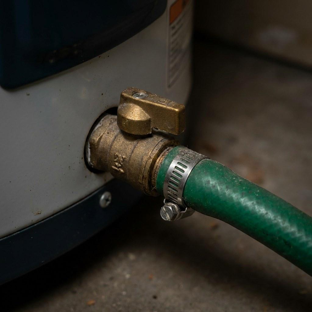 A garden hose connected to the drain valve of a water heater