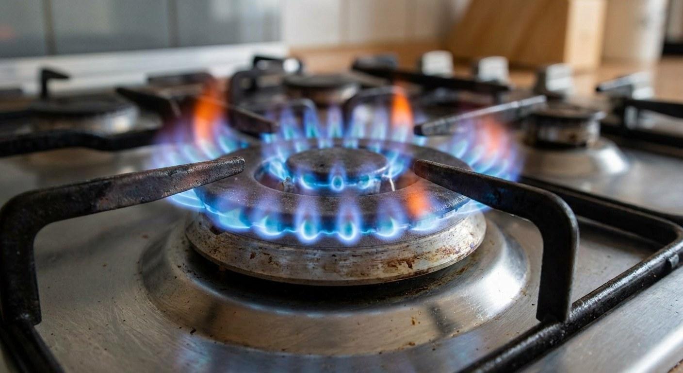 A gas stove burner lit with a clean blue flame