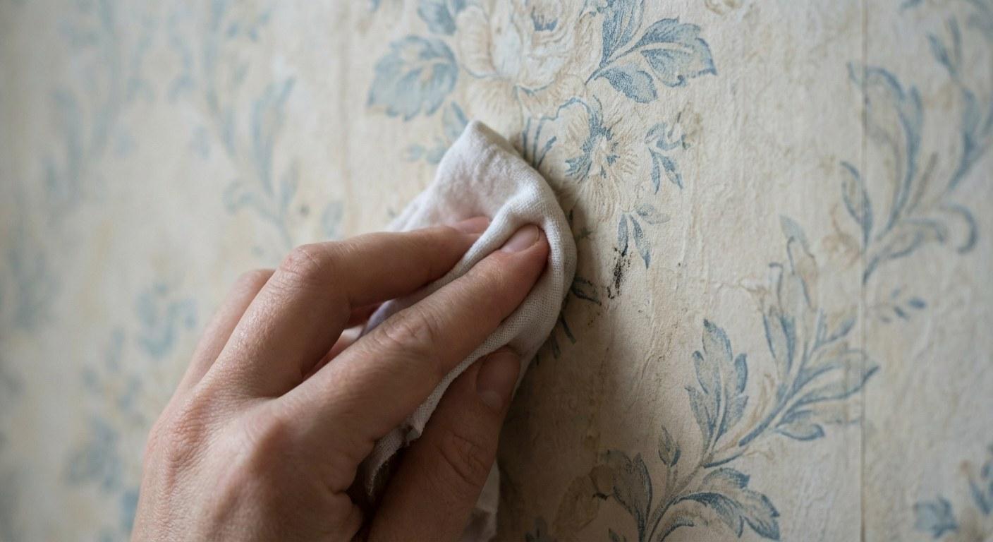 A homeowner gently blotting a stain on patterned wallpaper