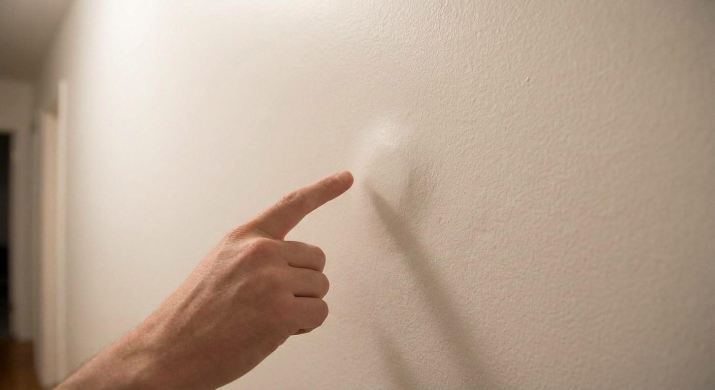 A person's hand pointing to a noticeable bulge on a painted interior wall.