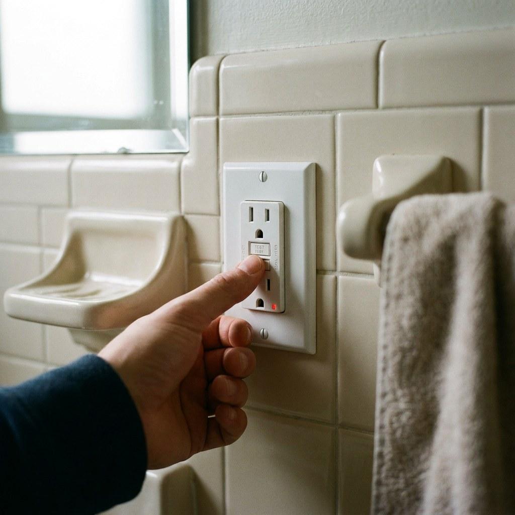 Hand pressing the test button on a standard white GFCI outlet in a bathroom