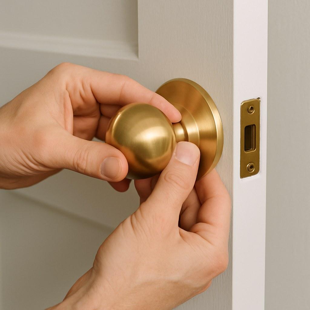 A person's hands using a screwdriver to install a new door knob