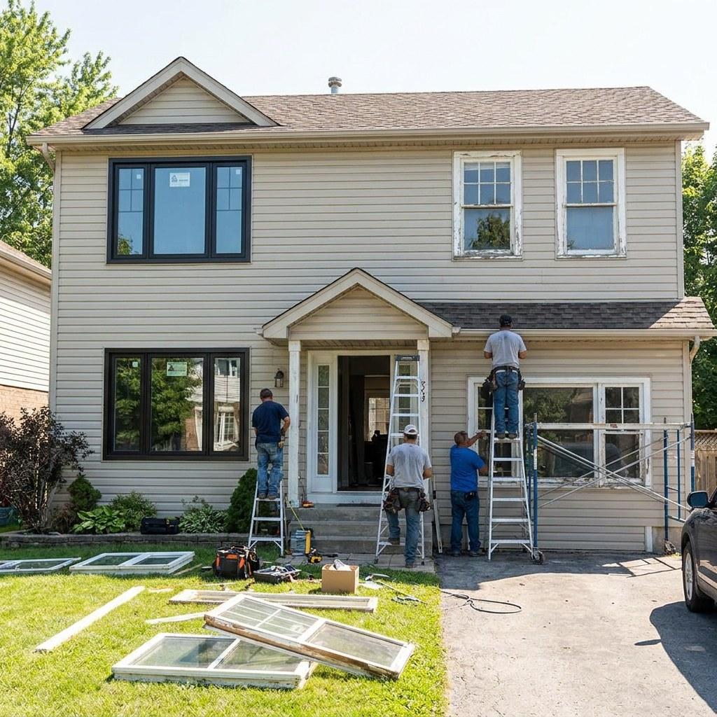 Home exterior with workers installing new energy efficient windows