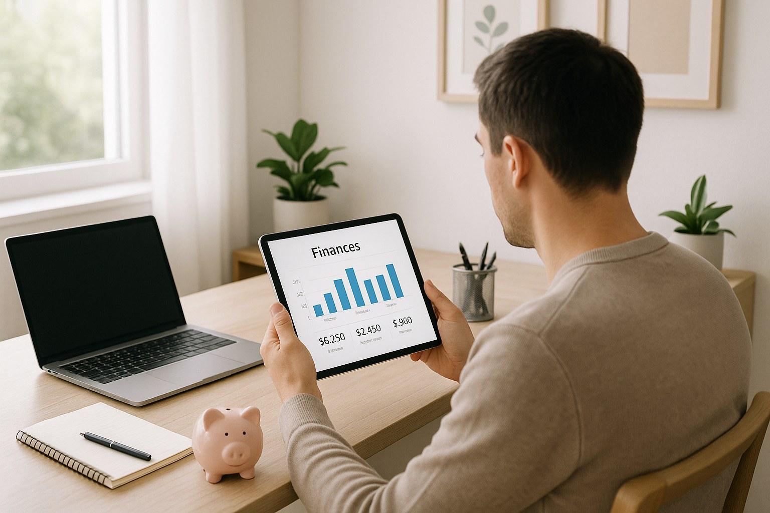 A person sits at a desk planning their home maintenance fund with a calculator and tablet.