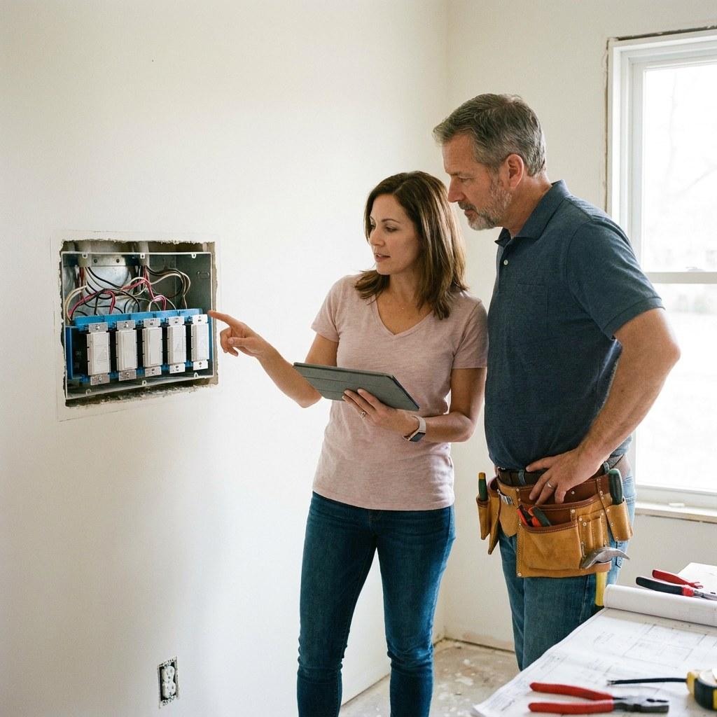 Contractor and homeowner discussing smart switch installation during a home renovation
