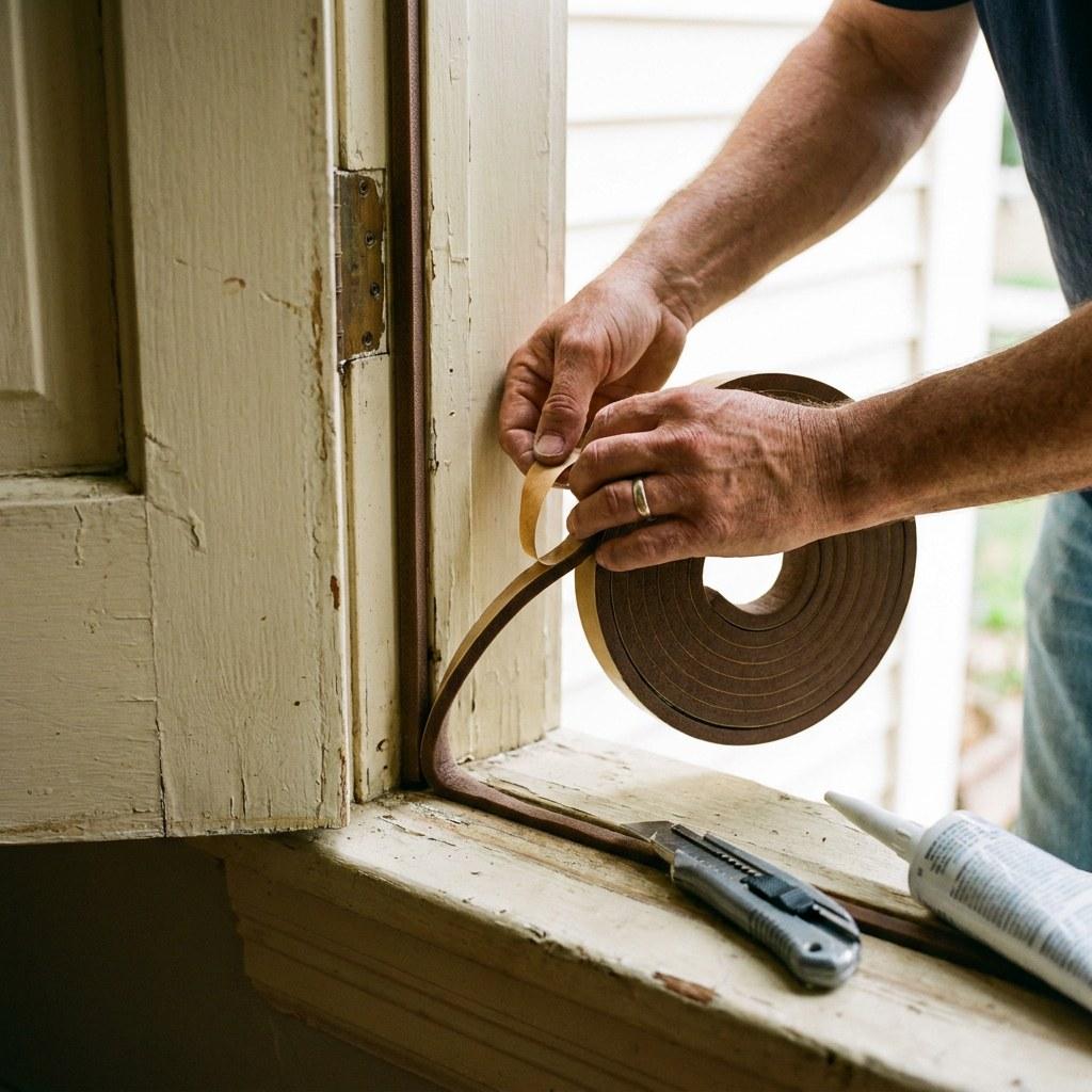 A homeowner pressing self-adhesive weatherstripping into the frame of a wooden door