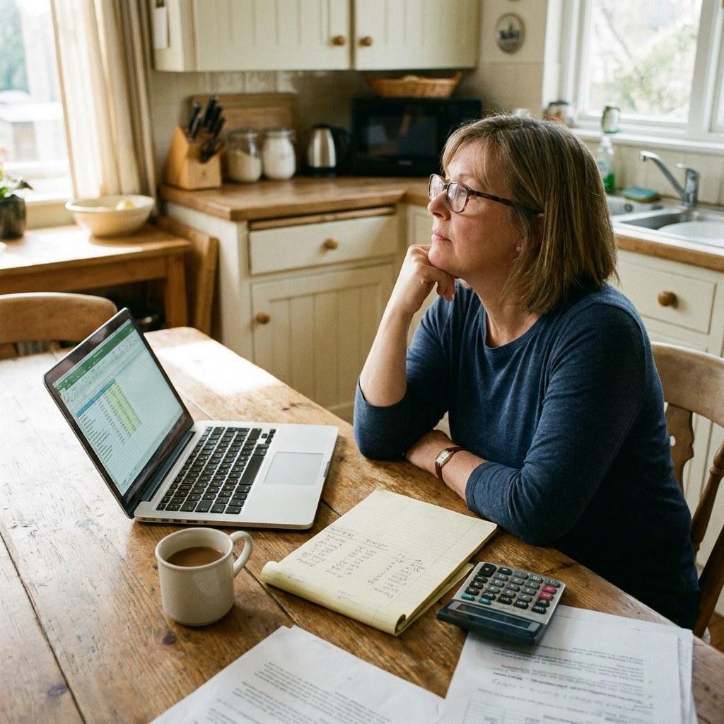 Homeowner organizing finances and calculating home maintenance costs at the kitchen table