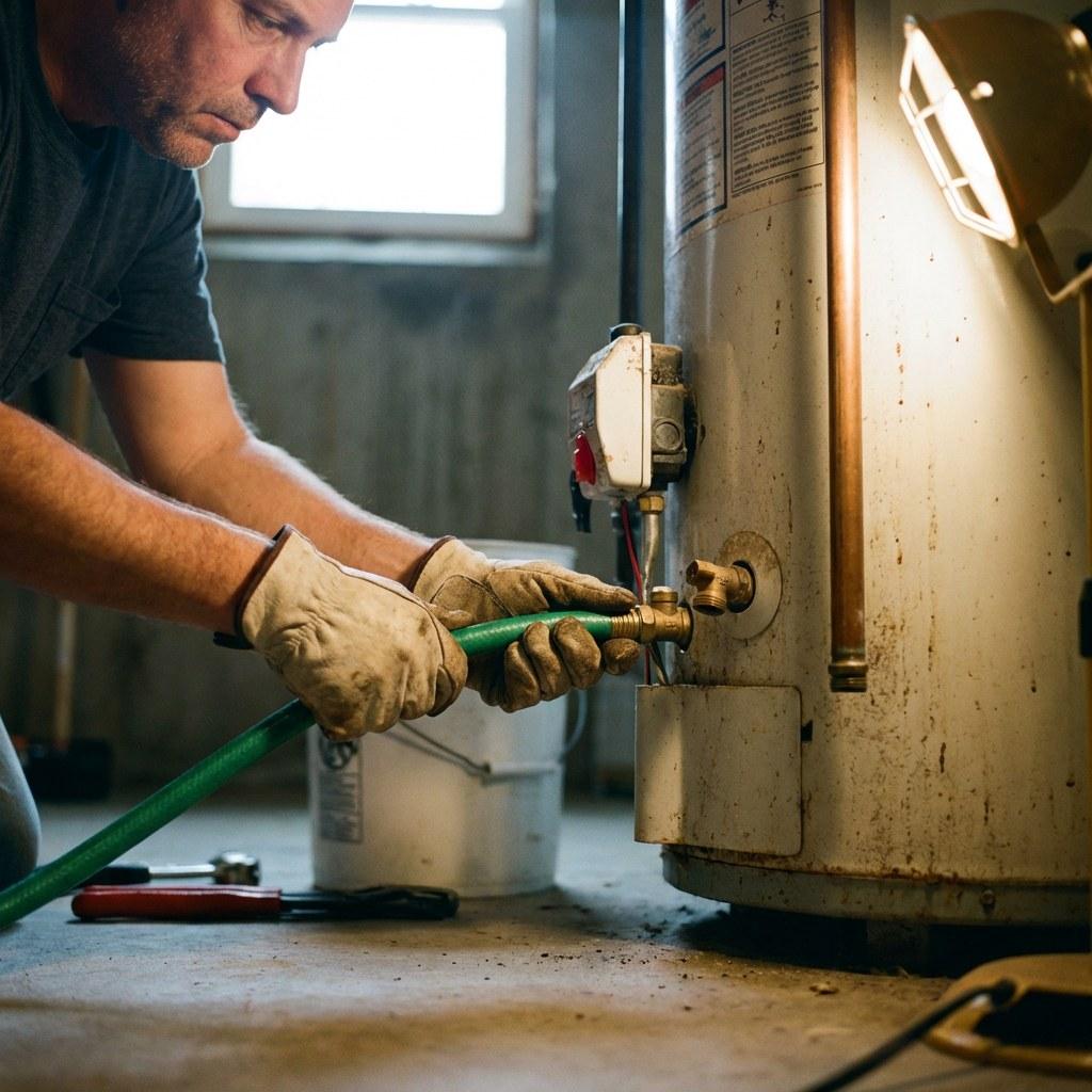 A person attaching a garden hose to a water heater drain valve