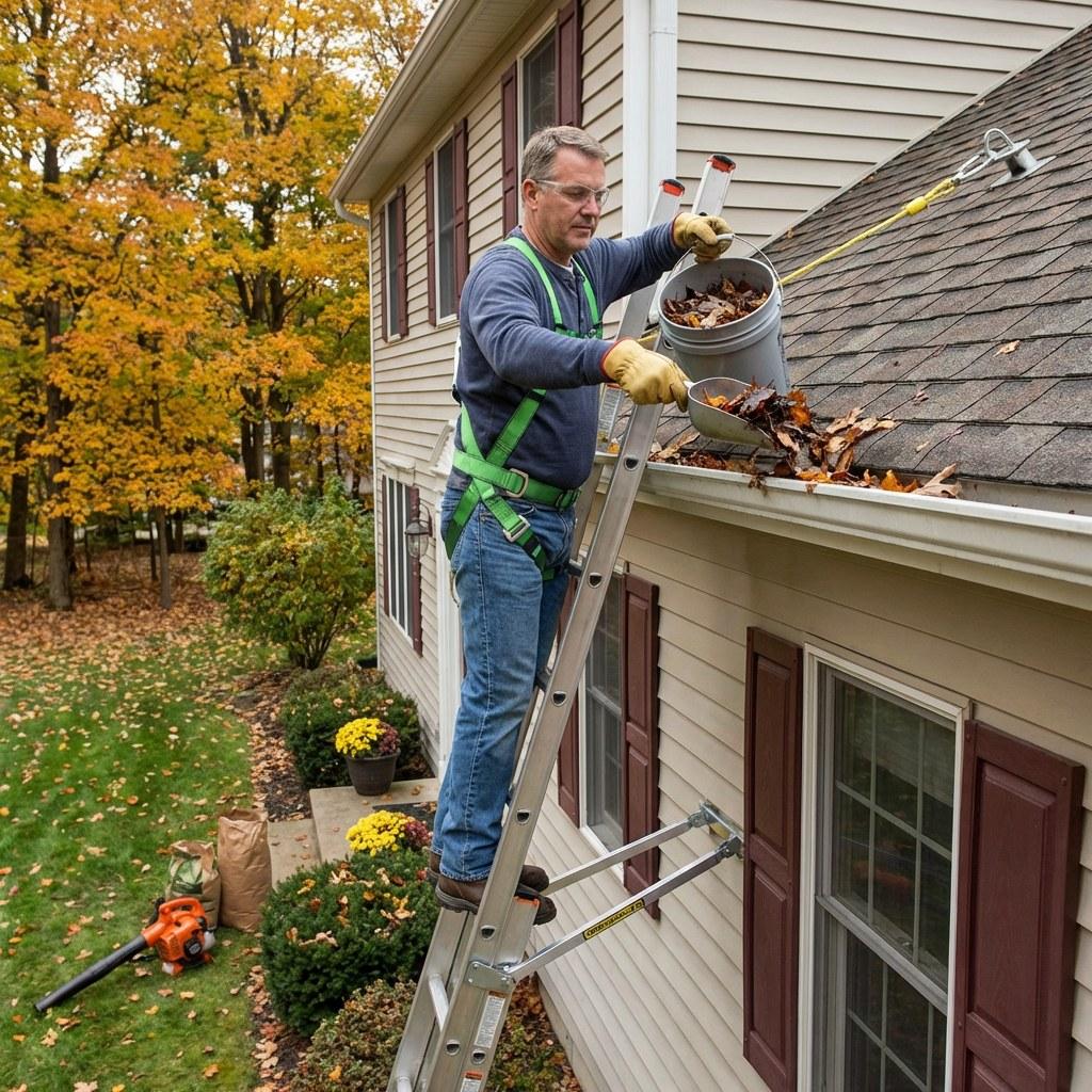 Homeowner clearing leaves from a gutter on a sunny day