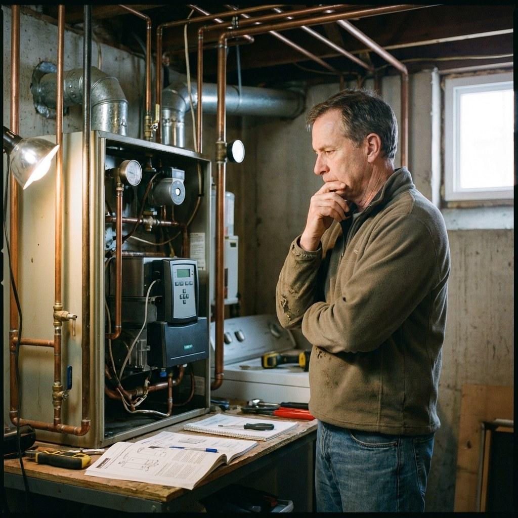 Homeowner inspecting a residential boiler system