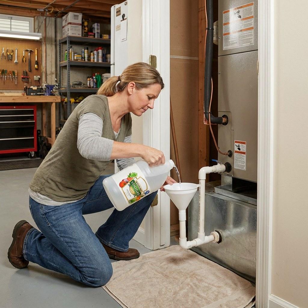 A person pouring white vinegar into a PVC air conditioner condensate drain line access point.