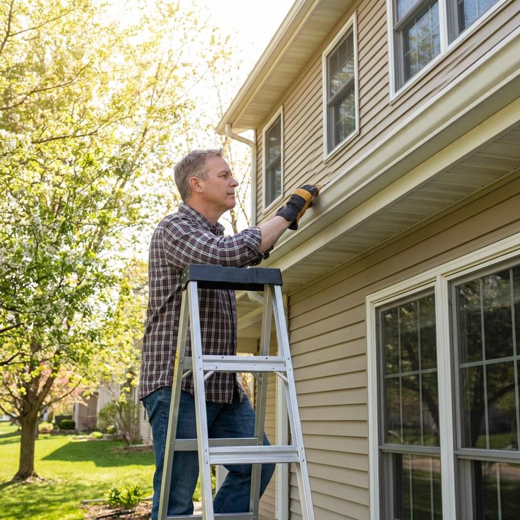 Homeowner safely inspecting clear gutters from a ladder