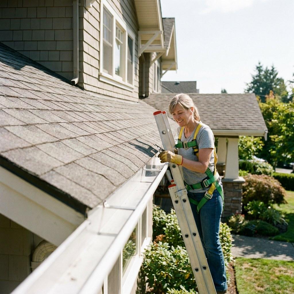 Homeowner safely inspecting a clear gutter from a ladder