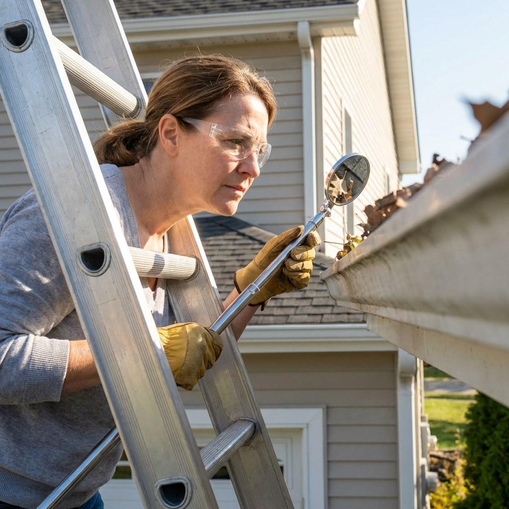 Homeowner safely inspecting a gutter from a step ladder