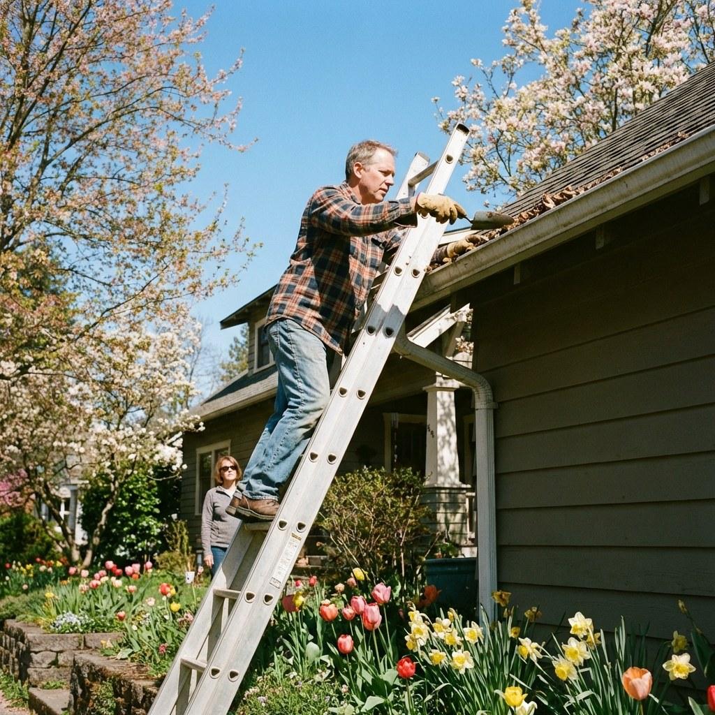 A homeowner looking up at the roof and gutters during a spring inspection