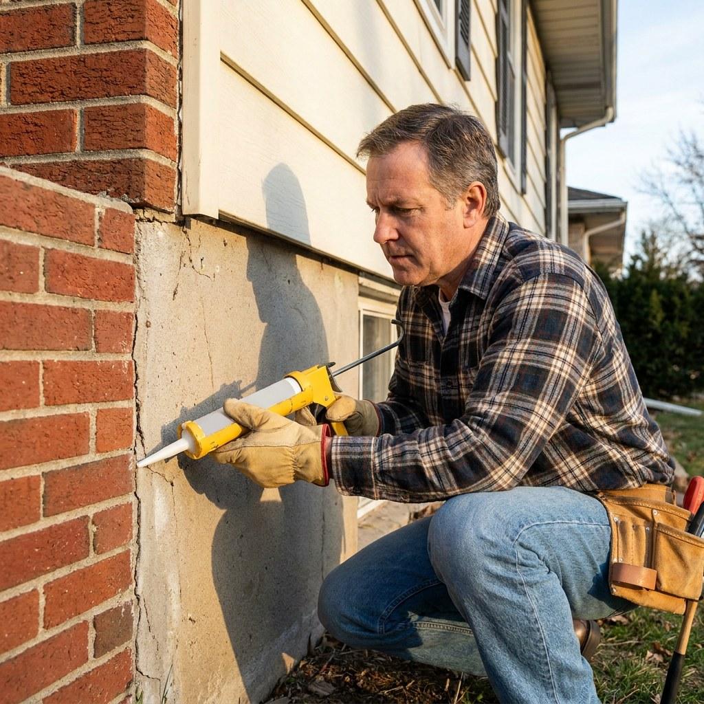 A homeowner inspecting a home exterior foundation for gaps