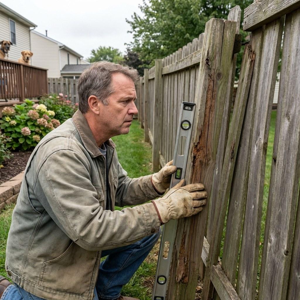 A leaning wooden fence post in a residential backyard