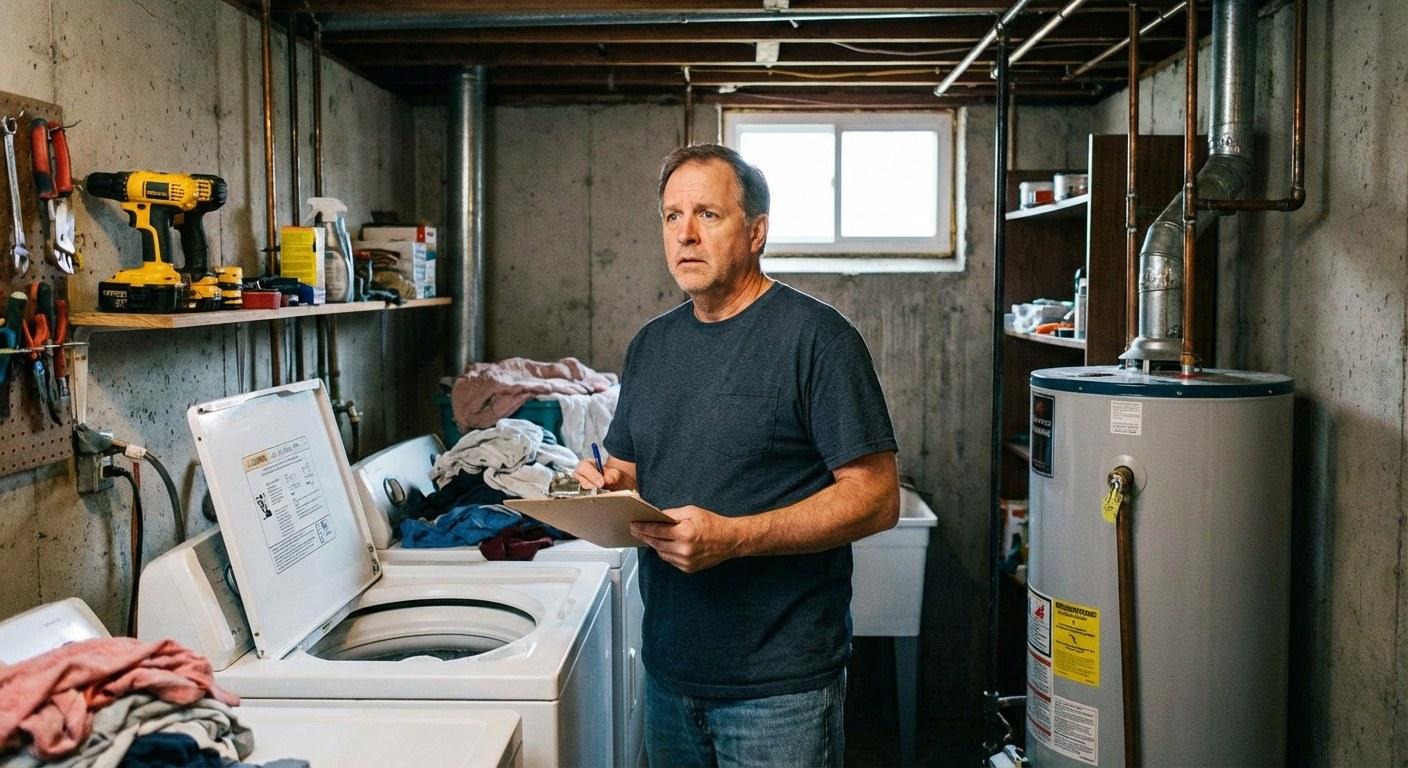 A homeowner inspecting appliances in a basement to determine if they need coverage.