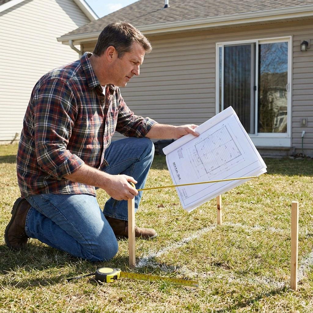 A homeowner reviewing deck plans in a grassy backyard