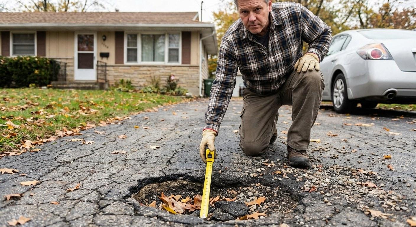 Homeowner measuring a pothole on an asphalt driveway