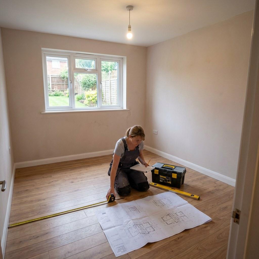 Homeowner measuring a small empty bedroom