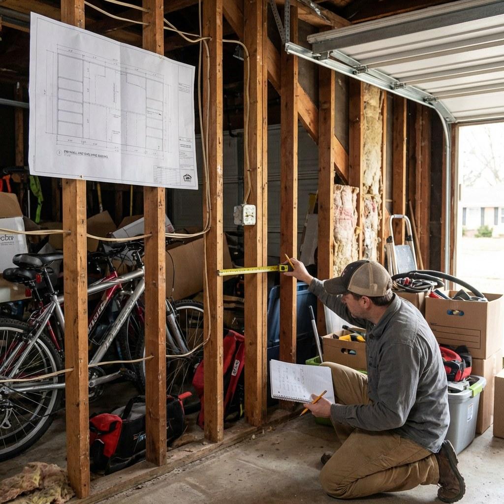 A homeowner measuring exposed wooden studs in a garage to plan for drywall and storage upgrades