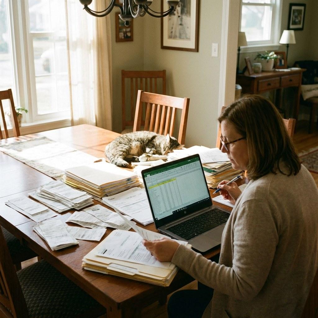 Homeowner reviewing financial documents and home upgrade receipts at a table