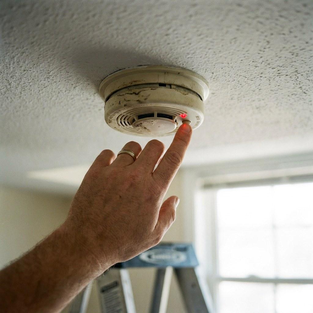 A person pressing the test button on a smoke detector with a broom handle