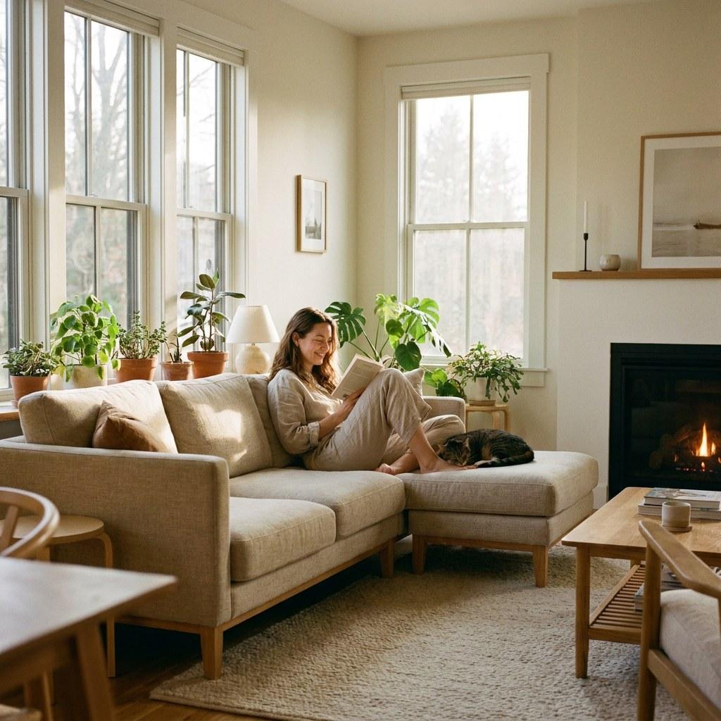 A brightly lit living room where a homeowner is sitting comfortably on the sofa
