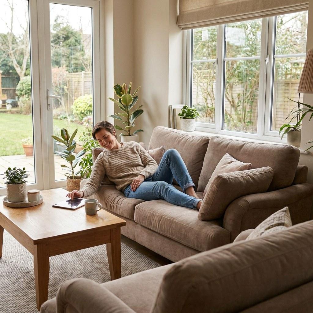 Homeowner relaxing on a sofa looking at a tablet