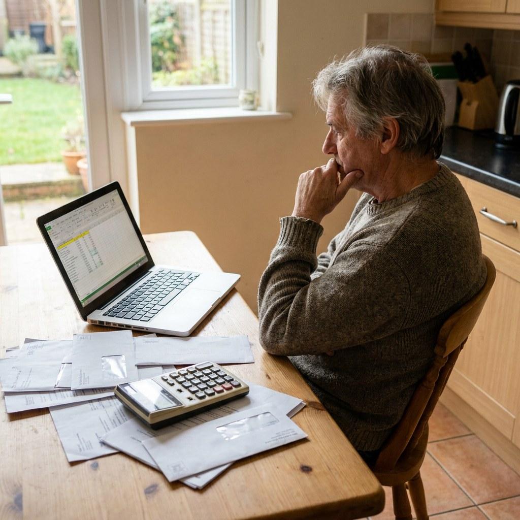 Homeowner reviewing financial documents and a laptop at the kitchen table