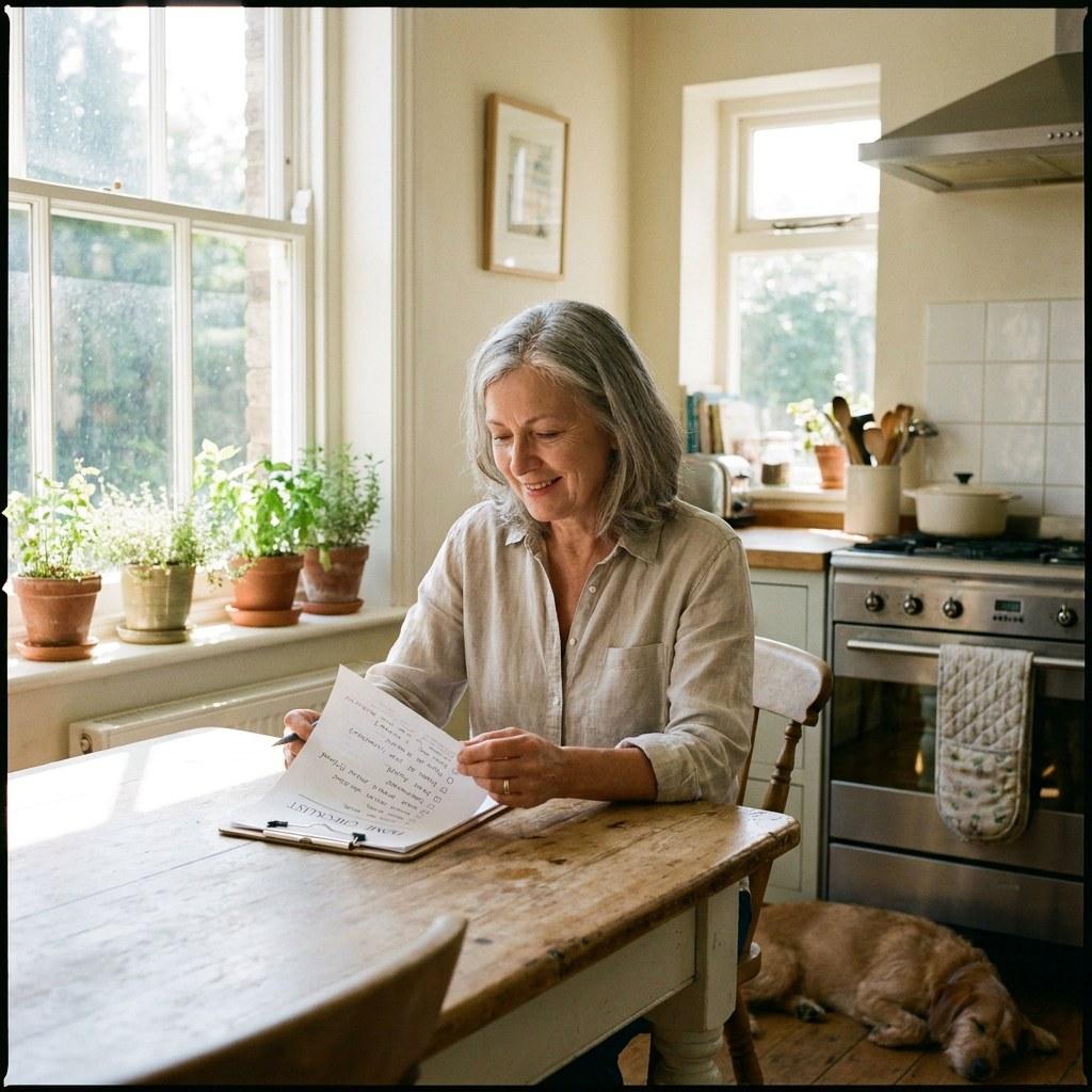 A homeowner reviewing a simple list at a kitchen counter