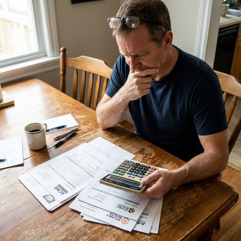 Homeowner reviewing paper contractor quotes and a calculator at a dining table