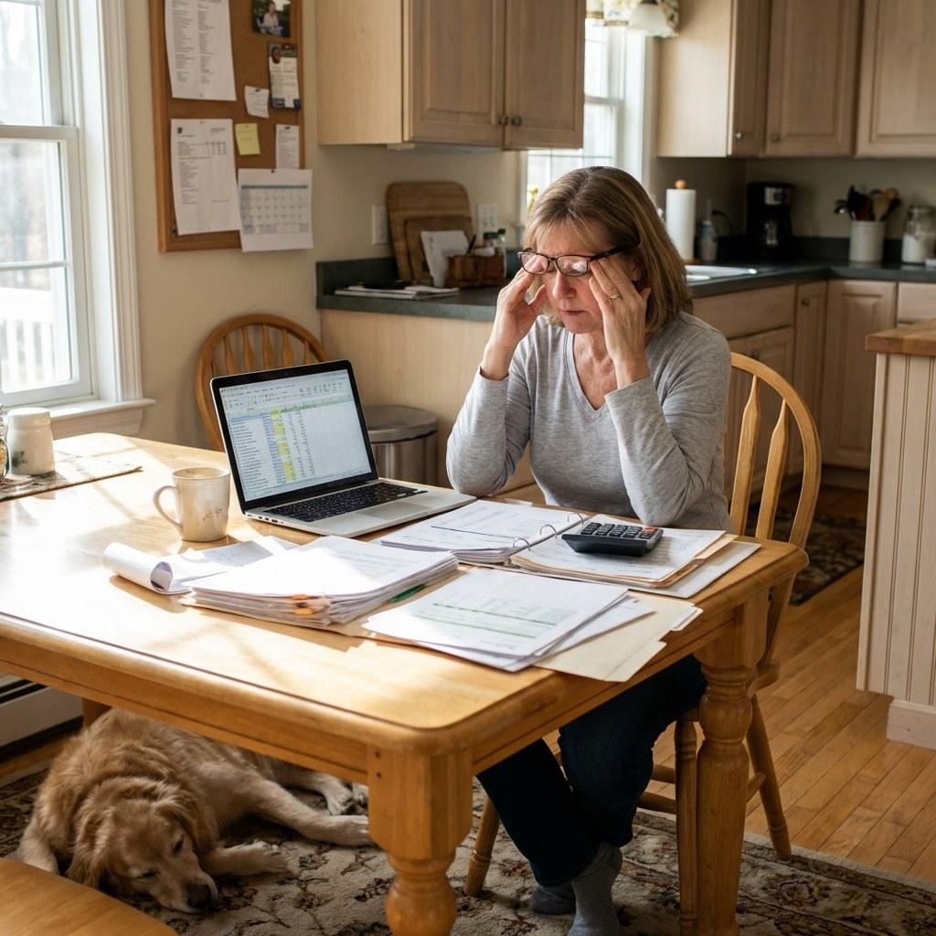 Homeowner reviewing financial documents and a laptop at a kitchen table